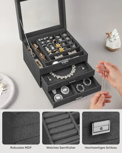Vista 5 de SONGMICS Joyero, organizador de almacenamiento de joyas con cerradura, caja de joyería con ventana de cristal, para anillos, aretes, tachuelas