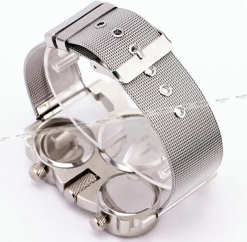 Vista 3 de OULM Reloj de pulsera de cuarzo para hombre, estilo militar, militar, correa de acero inoxidable, 3 zonas horarias, pantalla de gran tamaño + caja