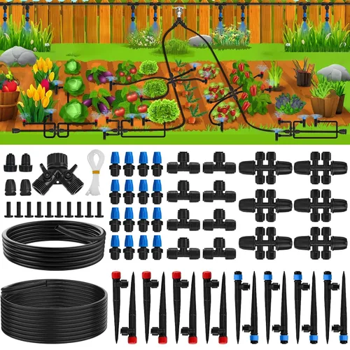 Vista 9 de Kit de sistema de riego por goteo ajustable de 360° de 100 pies, tubo de polietileno de 1/4 de pulgada con 20 boquillas flexibles, sistema