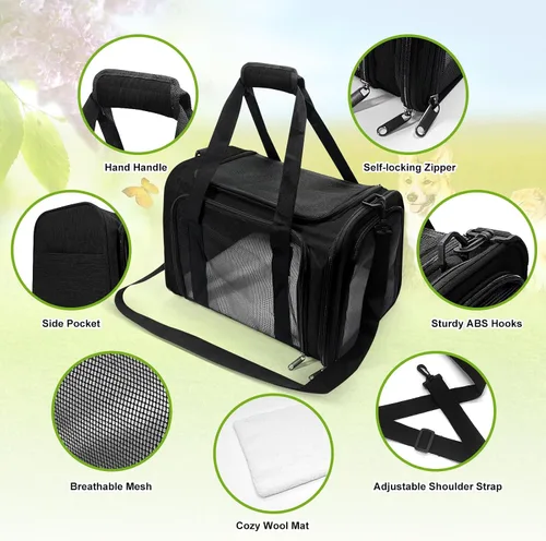 Vista 4 de Transportador para perros para mascotas, hasta 25 libras, transportador de viaje plegable para cachorros con correa para el hombro y tapete Negro
