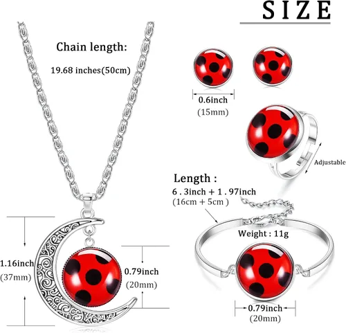 Vista 2 de HAIAISO Joyería de mariquita de la buena suerte pulsera de mariquita roja collar de luna juego de aretes para amantes de las mariquitas regalo