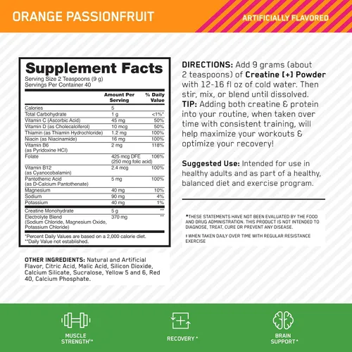 Vista 3 de Optimum Nutrition Creatina Monohidrato Plus en polvo, sabor a maracuyá naranja, mezcla de rendimiento de creatina con electrolitos