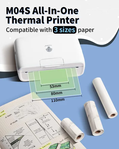 Vista 2 de Phomemo Impresora térmica portátil M04S con papel térmico no adhesivo blanco de 4.331 in, 3 rollos