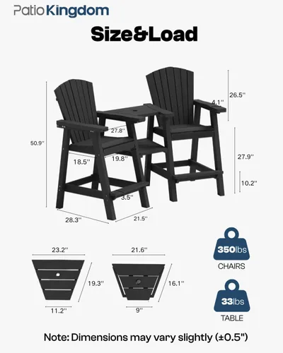 Vista 3 de Juego de 2 sillas altas Adirondack de Patio Kingdom, sillas de cubierta de HDPE con bandejas conectadas y agujero para sombrilla, taburetes de bar