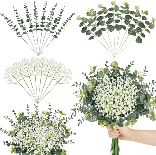 Vista 9 de Der Rose 24 flores artificiales blancas de aliento de bebé, 11 pulgadas, elegantes flores artificiales para decoración del hogar, centros de mesa