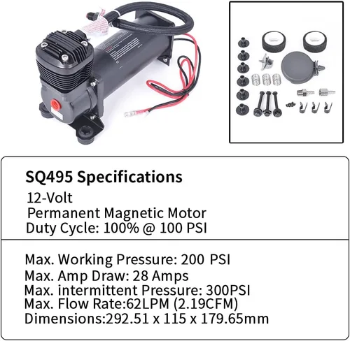 Vista 6 de Compresor de aire ultra silencioso, 1/4 NPT, súper silencioso, 69 dB, 12 V, compresor de suspensión de aire de 300 PSI para tren/camión/coche, negro