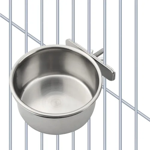 Vista 6 de Paquete de 2 vasos de alimentación de pájaros de acero inoxidable para loros, jaulas de agua con soporte de abrazadera para periquitos, conure