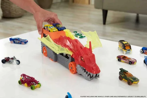 Vista 2 de Conjunto de pista de coche de juguete Hot Wheels City, Transportador de lanzamiento de dragón y coche a escala 1:64, vehículos de lanzamiento desde