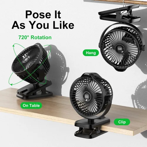 Vista 5 de Minthouz Ventilador de clip – Ventilador pequeño recargable USB C de 8000 mAh con indicador de nivel de batería, rotación de 720° de bajo ruido