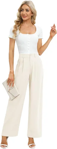 Vista 6 de Feiersi Pantalones de trabajo de negocios para mujer, de cintura alta, pantalones de pierna ancha, pantalones largos y rectos con bolsillo
