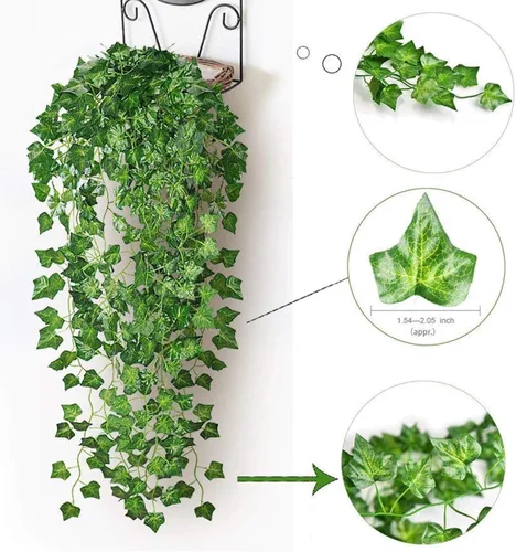 Vista 2 de Paquete de 12 enredaderas falsas para decoración de habitación, guirnalda de hiedra artificial con clip, flores verdes, plantas colgantes, hojas