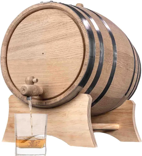 Vista 10 de Barril de envejecimiento de roble de 1 litro (Serie de destilería - aros de acero, sin barnizar) con soporte de madera, bung y espita - Barriles