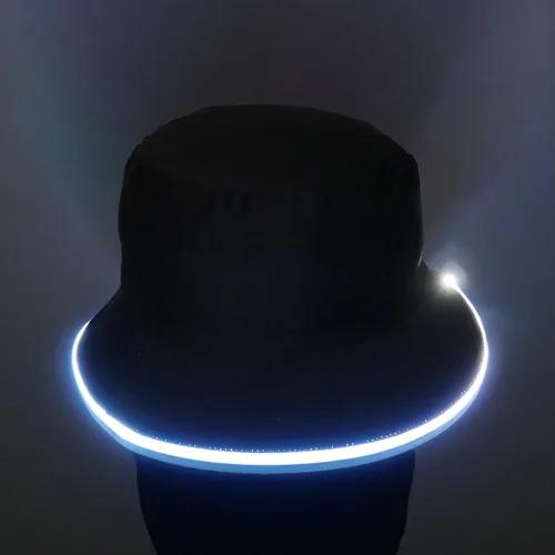 Vista 5 de Sombrero de pescador iluminado de piel sintética, accesorio rave, traje de festival de neón, sombrero de cubo reversible con LED para hombres