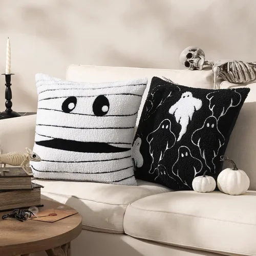 Vista 11 de Phantoscope Fundas de almohada decorativas de pana a rayas, fundas de almohada decorativas de Halloween con bordado hecho a mano, de esqueleto