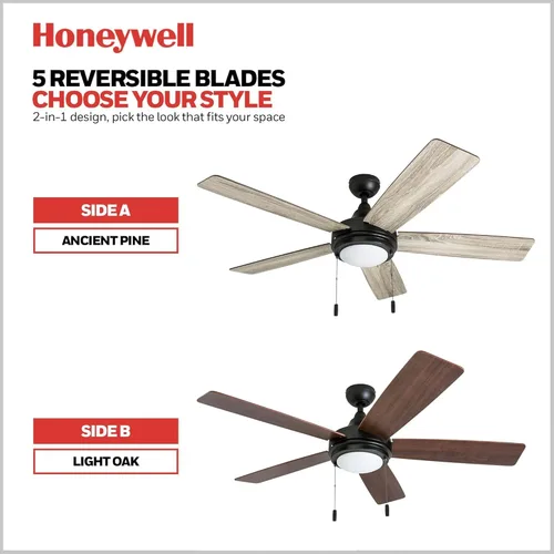 Vista 5 de Honeywell Ventiladores de techo Ventnor, ventilador de techo LED para interiores de 52 pulgadas de estilo granja moderna con luz, interruptor