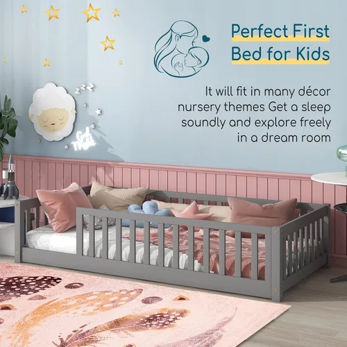 Vista 5 de Tatub Cama de suelo individual con barandillas de seguridad y puerta y listones, marco de cama Montessori de madera para niños y niñas, tamaño Gris