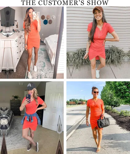 Vista 4 de BTFBM Vestidos cortos para mujeres, estilo casual de cuello en V, manga corta, vestido entallado y fruncido con botones, de verano