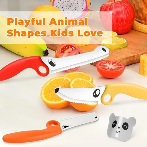Vista 2 de Juego de cuchillos de cocina para niños con caja de regalo de libro mágico y anillo educativo, herramientas de cocina de animales de 7 piezas