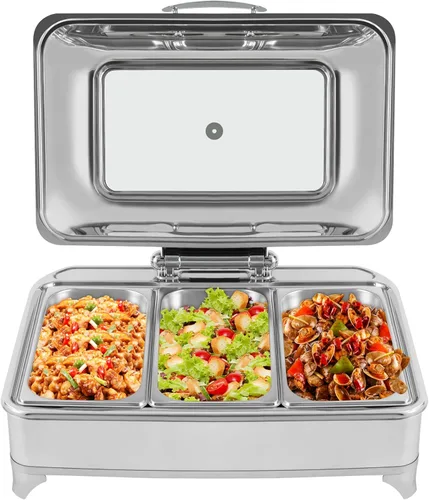 Vista 18 de Calentador de alimentos de acero inoxidable, juego de platos de bufé rectangular, estufa de buffet, juego de calentador de bufé para uso doméstico