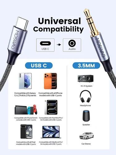 Vista 7 de MOSWAG Cable auxiliar de audio USB C a 0.138 in de 3.3 pies, auxiliar a USB C, tipo C a 0.138 in, cable estéreo de automóvil compatible con iPhone