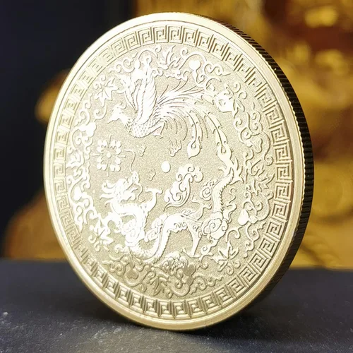 Vista 4 de Colorido dragón chino y fénix moneda de la suerte - Rascador de boletos de lotería - Atrae buena fortuna - Moneda de desafío de buena suerte