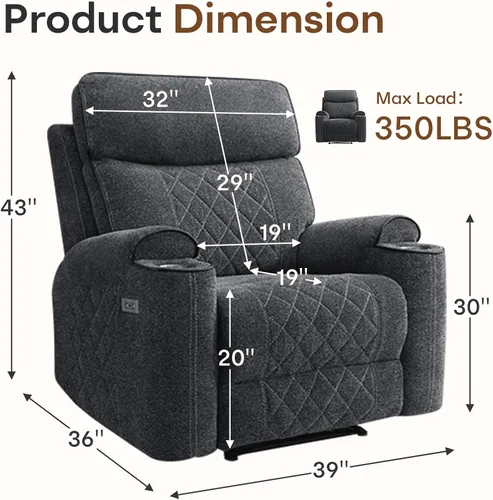 Vista 2 de HAOMARKETS Silla reclinable eléctrica para adultos con puerto USB, sofás reclinables eléctricos de tela suave con portavasos de metal, sillas
