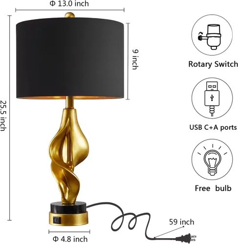 Vista 11 de Juego de 2 lámparas de mesa modernas de 25.5 pulgadas para sala de estar, dormitorio, lámparas de noche escultóricas de hoja dorada con base