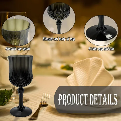 Vista 5 de 24 piezas de copas de vino de plástico negro, copas de vino de plástico reutilizables, copa negra tipo cáliz, vasos duraderos y resistentes que se