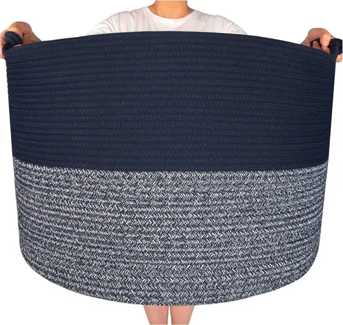 Vista 9 de MINTWOOD Design Cesta decorativa extragrande de 22 x 16 pulgadas de cuerda de algodón tejida para sala de estar con asas y cesta de lavandería
