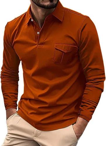 Vista 6 de Polo de manga larga para hombre, diseño casual de algodón con bolsillo, cuello clásico con botón para golf