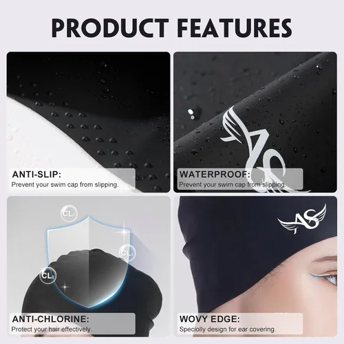 Vista 3 de Angel season Gorros de natación para mujer, de silicona, rizado, mediano y largo, diseño ergonómico para adultos, mantiene el cabello seco