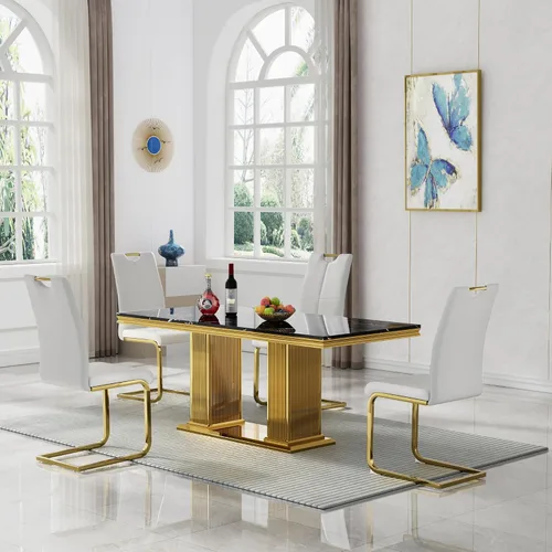 Vista 36 de 5 Piece Black Marble Dining Table Set for 4, Modern Faux Marble Kitchen Dining Room Tables with 4 Leather Chairs Set, 68.11" Luxury Rectangular
