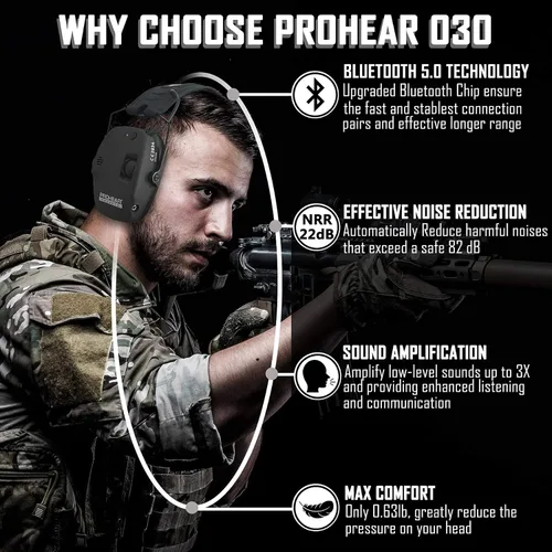 Vista 2 de PROHEAR 016 y 030 Pasivo y electrónico con Bluetooth Disparo Orejeras de seguridad de protección auditiva, protector auditivo delgado con perfil bajo