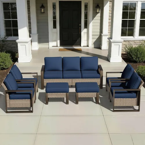 Vista 28 de Joyside - Sofá de mimbre para patio al aire libre, sofá de ratán de 3 plazas con cojines gruesos de olefina y reposabrazos rectangular con marco