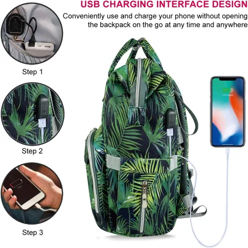Vista 6 de Mr. Peanut's Mochila de pañales Tili Dili Premium con puerto de carga USB, Tropical, Mochila