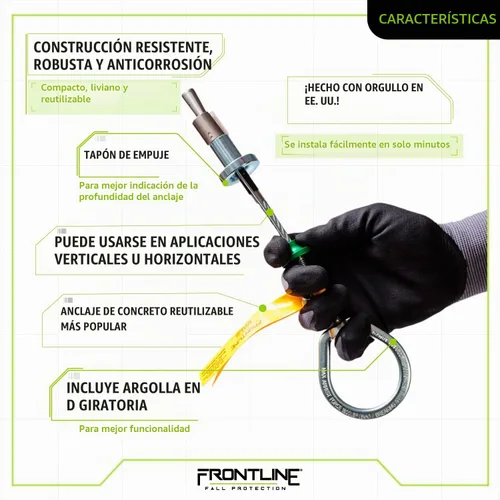 Vista 4 de Frontline COB345KSV Perno de Anclaje de Concreto Reutilizable 5K con Anillo en D Giratorio Cumple con ANSI, OSHA y EN Construido Resistente