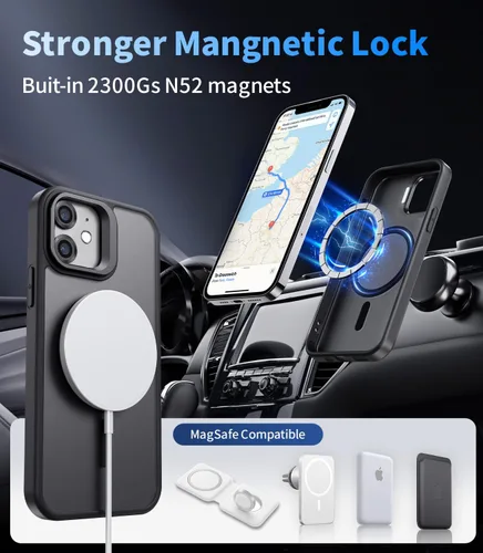 Vista 3 de Funda magnética para iPhone 11 con soporte, compatible con Magsafe, protección militar y protector de lente de cámara, funda translúcida mate