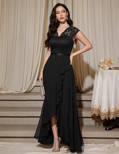 Vista 4 de Bbonlinedress Vestido de cuello en V para mujer con encaje floral alto-bajo, para invitadas de boda, graduación, cóctel, fiesta formal y dama