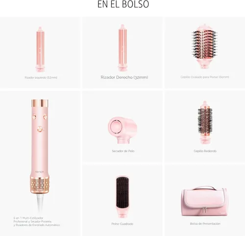 Vista 9 de Estilizador profesional de aire caliente 6 en 1 y potente cepillo secador de pelo y multiestilizador con rizadores de envoltura automática •