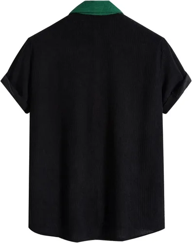 Vista 4 de Camiseta de manga corta con estampado de patchwork de lino y algodón para Hombre, blusa con botones bolsillo hawaiano