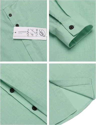 Vista 4 de COOFANDY Camisa de algodón y lino para hombre, camisa de playa casual con botones y manga larga