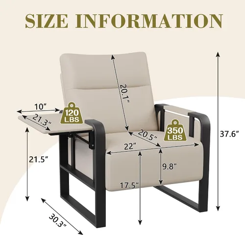 Vista 2 de Silla de Acento Moderna Tapizada en Cuero PU Sillón con Mesa de Bandeja para Dormitorio Sala de Estar Sillas Silla de Oficina Beige