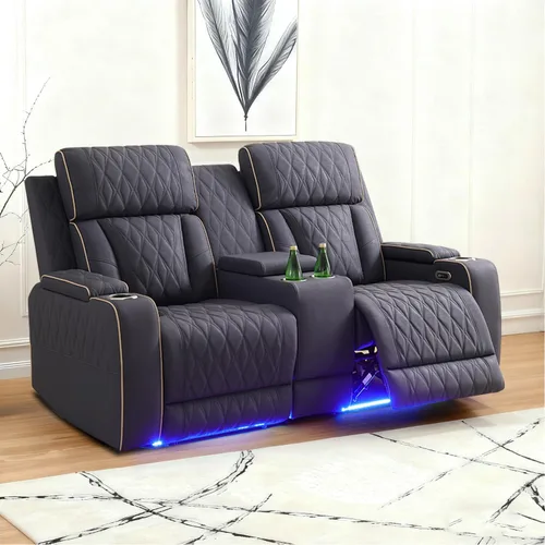 Vista 22 de Sofá reclinable con luces LED, sofá reclinable de cuero con dos asientos reclinables/puerto USB/consola de almacenamiento/soporte para vasos