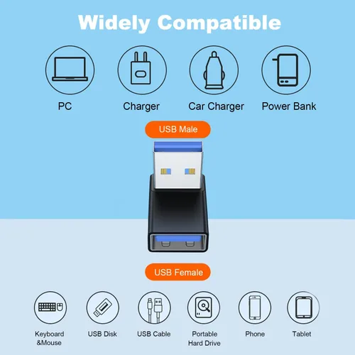 Vista 5 de AreMe Adaptador USB 3.0 de 90 Grados Paquete de 2, Convertidor Extensor USB A Macho a Hembra de Ángulo Hacia Arriba para PC, Laptop, Cargador USB A