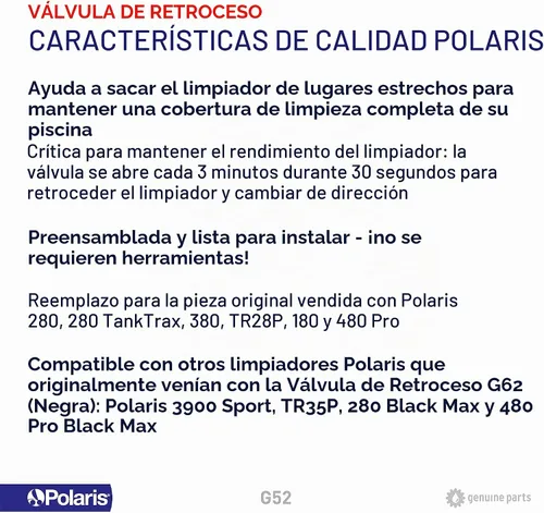 Vista 4 de Polaris G52 Válvula de repuesto para aspiradora 180/280/380/480 G-52 original, N/A, Blanco