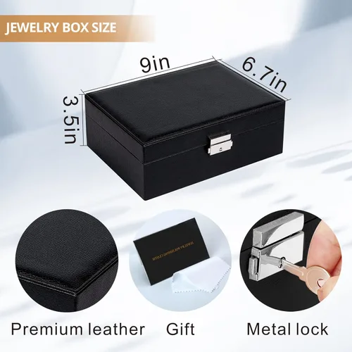 Vista 5 de Joyeros para mujeres y niñas, 2 capas de cuero, organizador de joyas con cerradura, bandeja extraíble para collar, aretes, anillo con paño de pulido