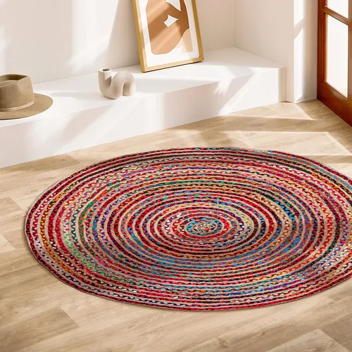 Vista 2 de Alfombra redonda de yute tejida a mano de 3 pies - Alfombras bohemias coloridas para sala de estar - Alfombra bohemia multicolor trenzada a mano