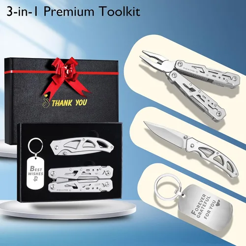 Vista 2 de Multitools - Juego de regalo "THANK YOU", 14 en 1, alicates multiherramientas y cuchillo de bolsillo con etiqueta para llavero, kit EDC de 3 piezas