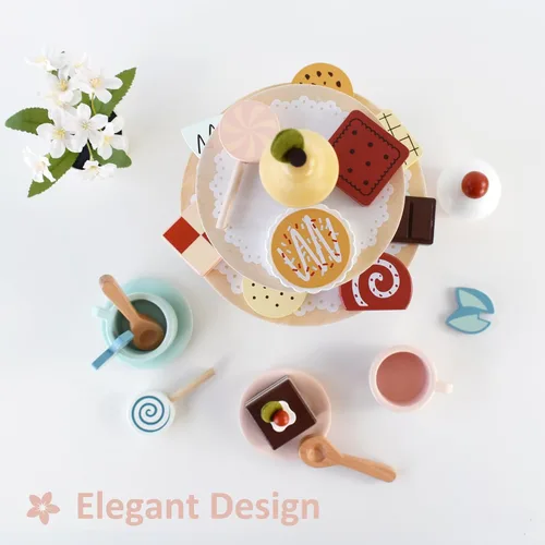 Vista 5 de Juego de Fiesta de Té con Soporte para Postres - Juguetes de Madera de Comida de Juego de Simulación y Accesorios de Cocina para Juego de Té