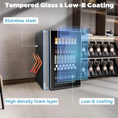 Vista 5 de Kndko Refrigerador de bebidas – Mini refrigerador para 130 latas con estantes ajustables, puerta de cristal, control digital de temperatura, Negro